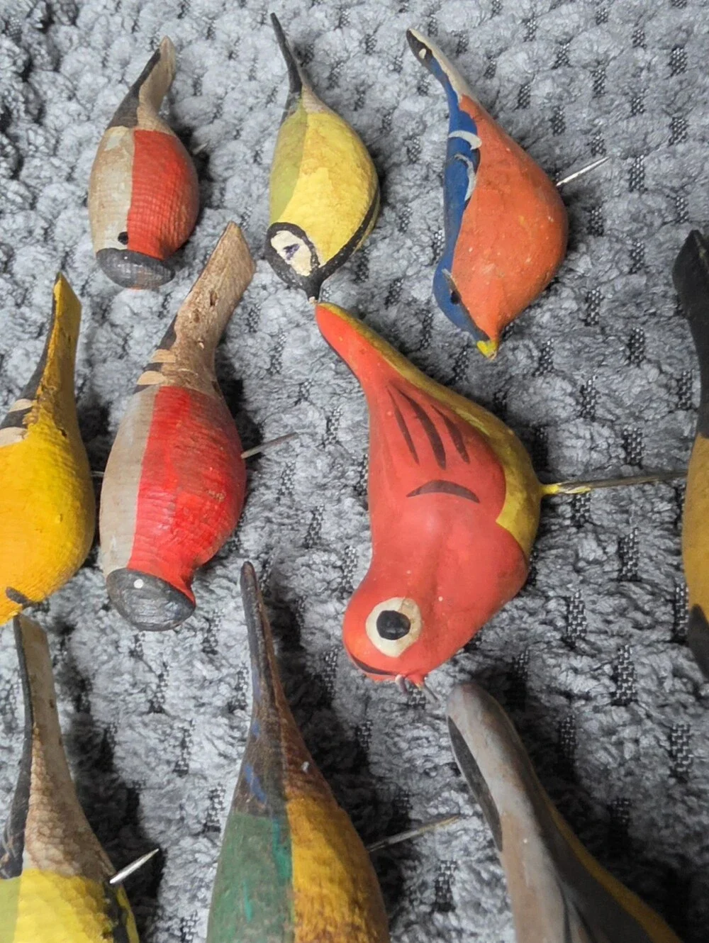 Vintage 14 Hand-Painted Yellow and Red Decorative Wooden Bird With Pin